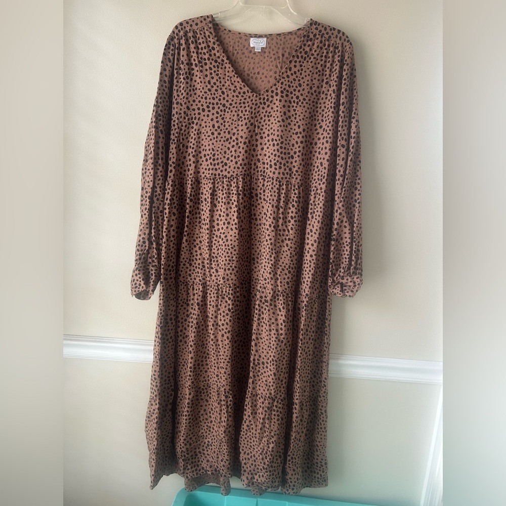 Mud Pie Long Sleeve Brown Polka Dot Dress, size large